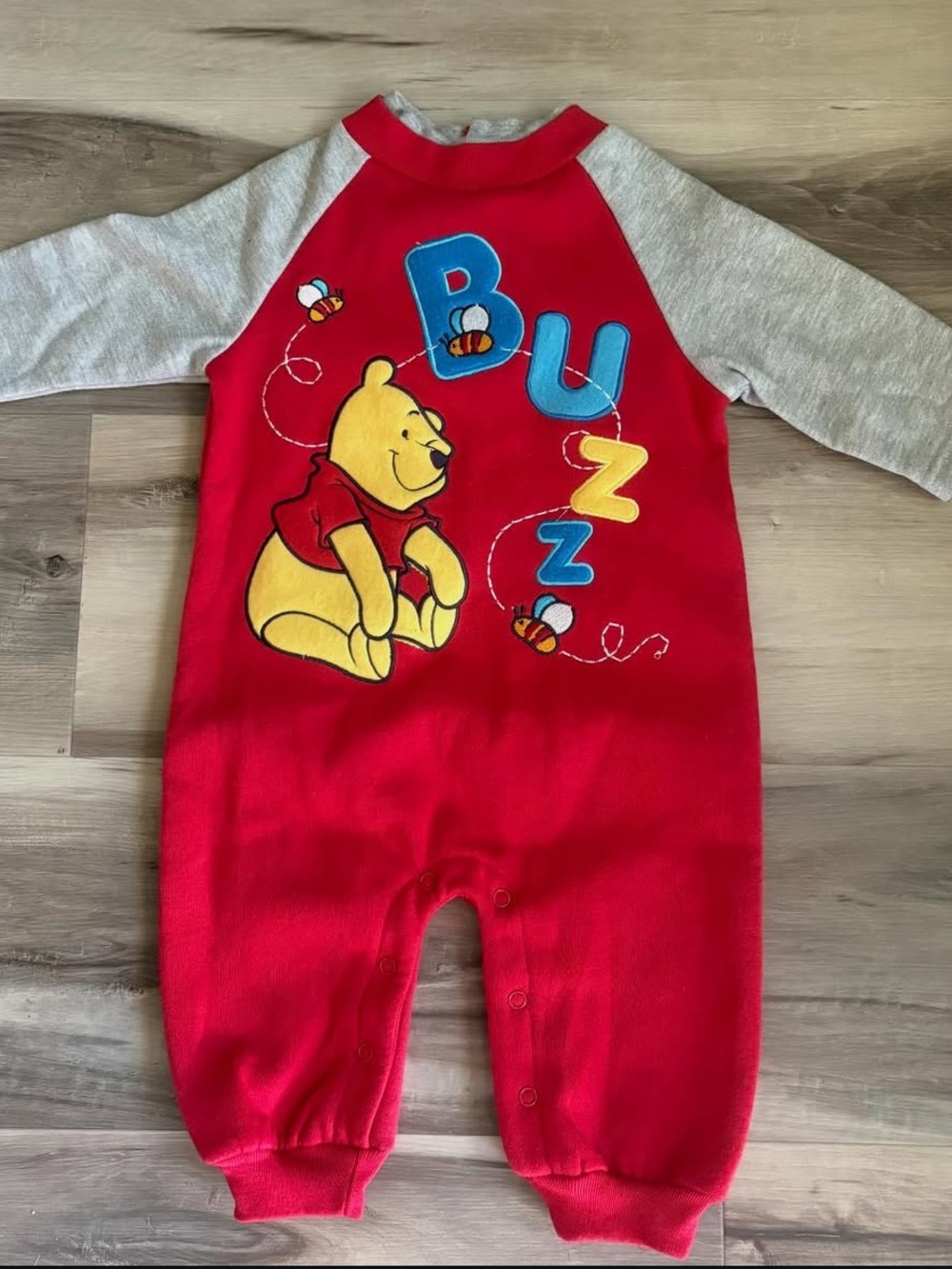 Winnie the Pooh Red & Gray Baby One-Piece Romper with Bee Graphic